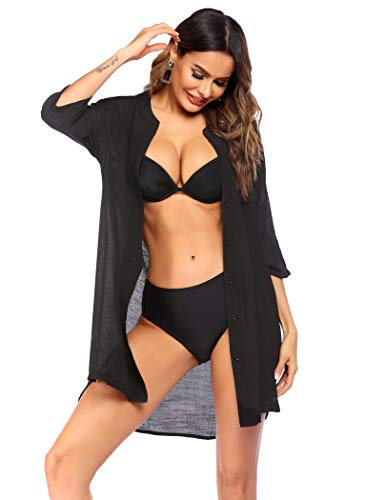 Image of Ekouaer Bathing Suit Cover Up for Women V Neck Button Down Swimsuit Coverup Beach Dress Shirt S-3XL