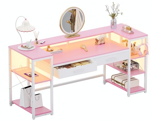 Image of Pamray 58 Inch Computer Desk with Monitor Stand and Shelves Gaming Desk with LED Lights & Power Outlets PC Vanity Table with 2 Drawers for Home Office Pink