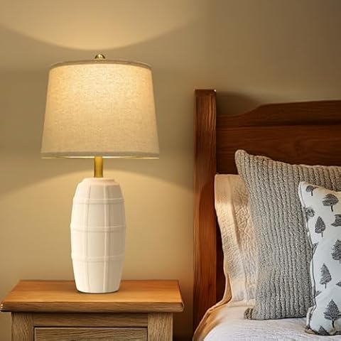 PORTRES 25.5" Ceramic Table Lamps for Bedroom Living Room Modern Lamp Bedside Nightstand Lamp Farmhouse Rustic Boho Retro Vintage Table Lamp Light Home Office Desk Deco Gifts, White Cover