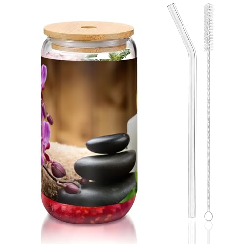 JEJEA Vasos de cristal Zen Stone con tapas de bambú y popotes, taza de café, tazas en forma de lata, vasos, cócteles, transparentes