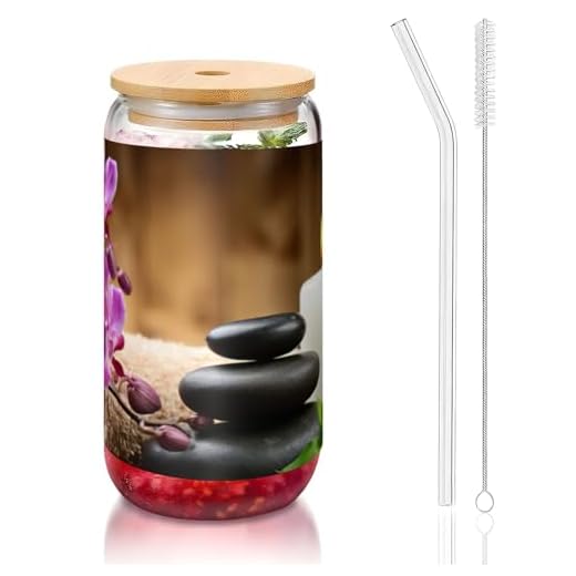 JEJEA Vasos de cristal Zen Stone con tapas de bambú y popotes, taza de café, tazas en forma de lata, vasos, cócteles, transparentes