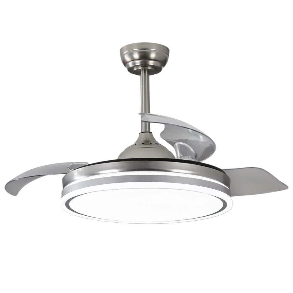 Lampara ventilador techo luz led 45W 6300 Lm silencioso moderno niquel aspas retractiles motor DC 3LED y memoria retráctil plus