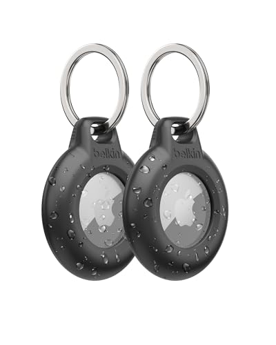 Belkin Waterproof Apple AirTag Secure Holder with Key Ring - Durable Scratch-Resistant AirTag Case, Protective Keychain Accessory for Keys, Pets, Luggage, Backpacks, and More - Black (2-Pack)