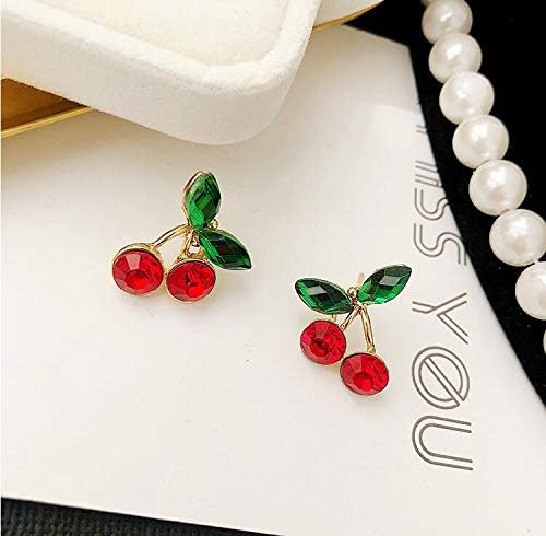 18K Gold Plated Elegant Shining Green Emerald Leaf Ruby Red Cherry Stud Earrings