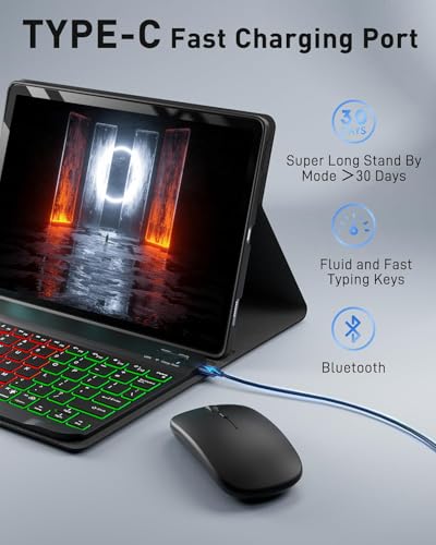 Image of SAMTUNK Case Keyboard for Google Pixel Tablet 11 inch 2023 /2024 Cover - 7 Color Rainbow Change Backlit Detachable Keyboard with Mouse - Black