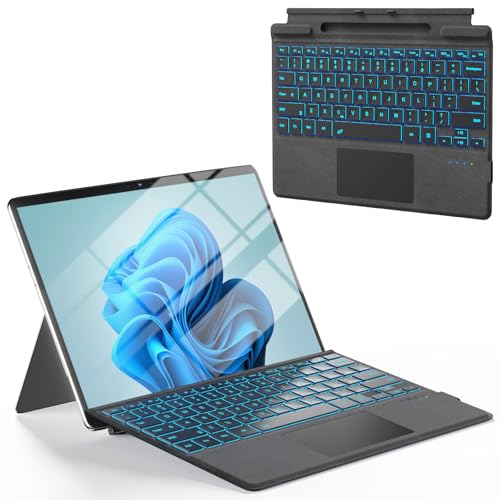 Surface Pro Keyboard Bluetooth Wireless Type Cover for Microsoft Surface Pro 11/10/9/8/X 13 inch Ultra-Slim Portable Magnetic Keyboard with 7 Color Backlit Pen Hold Trackpad USB-C Recharge Black