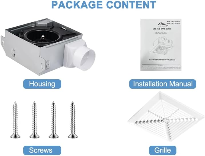 Contents of the VENTECHLATION Bathroom Exhaust Fan package: Housing, Installation Manual, Screws, and Grille.
