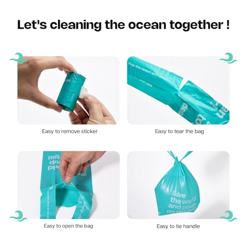 Image of Deo Doo Dog Poop Bags with Handles 144 Counts, Ocean-Recycled, Unscented | 100% Ocean-Waste Materials, Extra thick and Leak Proof, Easy-Tie & Tear-Resistant Design for Dog Walks Cleanups