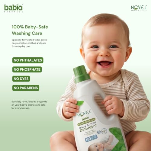 Image of Novel Plant Enriched Baby Liquid Detergent | with Neem & Coconut Cleansers | No Phosphates, Sulphates, Parabens, Phthalates & Dyes | pH Balanced | IFRA Allergen-Free Fragrance (Bottle - 1L)
