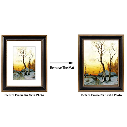 Space Art Deco, 12X16 Picture Frame With Mat For 8X12 Photo Or Display 12X16 Poster Frame Without Mat, Shatter Resistant Glass Wall Mounting (Ornate Gold/Black) #TOP1