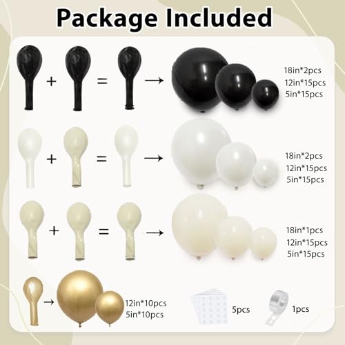 Image of Zesliwy Black White Gold Balloon Arch Kit,Double Stuffed Pearl Sand White Balloon Garland Different Sizes 18 /12 /5 Inch Cream Balloons for Graduation Wedding Birthday Bachelorette Party Decoration