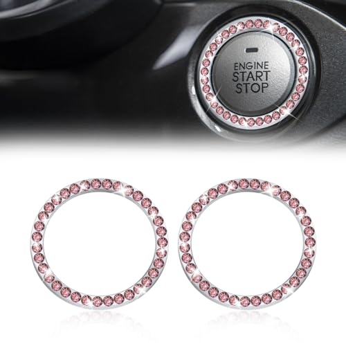 2 Pcs Crystal Rhinestone Car Engine Start Stop Decoration Ring, Push to Start Button Cover, Bling Car Accessories for Women, Key Lgnition Starter Knob Ring (Pink)