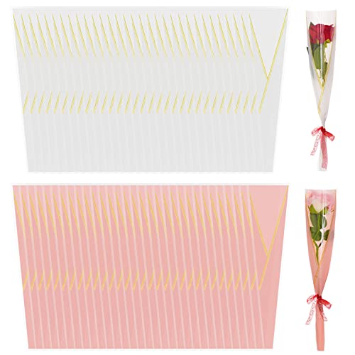 100pcs Single Rose Sleeve Flower Wrapping Bags Single Flower Packaging Bags Waterproof Single Flower Wrapping Bags Gold Edge Flower Bouquet Sleeve for Mothers Day Wedding Bouquet Valentines Gifts