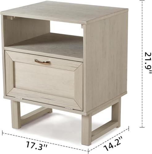 Image of Small Night Stand with Drawer, Wood End Table with Drawer Open Shelf, Small Night Stands for Bedrooms, 2-Tier Side Table for Bedroom, Dorm and Small Spaces