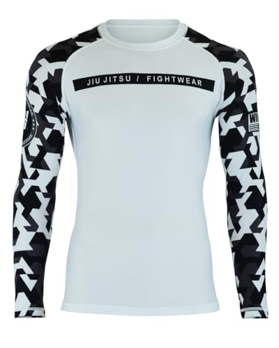 Men’s White Camo Long Sleeve Rash Guard – Compression MMA Shirt for BJJ, Grappling, Jiu-Jitsu, No-Gi Training & Kickboxing