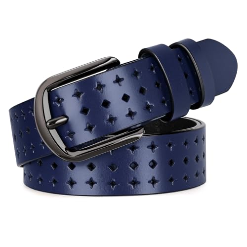 XZQTIVE Hollow Genuine Leather Belts for Women with Pin Buckle Fashion Casual Waist Belt for Jeans Dress Pants - Black Buckle Navy 120cm