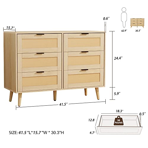 Anbuy 6 Drawer Double Dresser, Rattan Dresser Dual Rattan Chest Of Drawers Modern Dresser For Bedroom With Rattan Door (Natural) #TOP1
