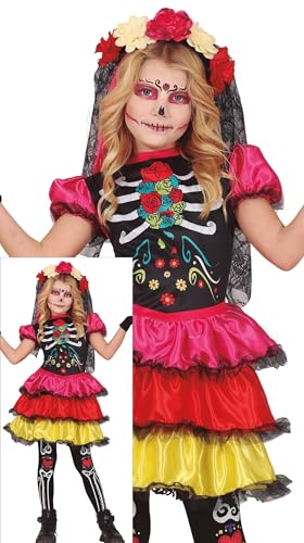 FIESTAS GUIRCA Disfraz de Día de los Muertos para Niña - Vestido de Esqueleto Multicolor - Disfraces de Halloween para Niñas de 3 a 4 Años
