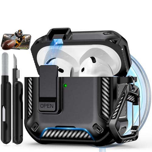 Image of for AirPods 4 Case with Lock & Phone Stand(Black) | Automatic Snap Switch Lock,Carbon Fiber Texture Design Cover with Cleaner Kit,Compatible with MagSafe