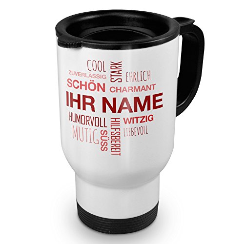 printplanet® Thermobecher weiß mit Namen personalisiert - Motiv Positive Eigenschaften (Modern) Rot individuell gestalten - Coffee to Go Becher, Thermo-Tasse