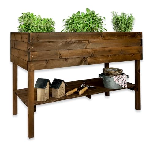 GARTENETAGE Hochbeet XXL mit Ablage und Pflanzfolie - Nachhaltiges Design, Wetterfest, Rückenschonend, Praktische Ablage, Inklusive Pflanzfolie, Braun