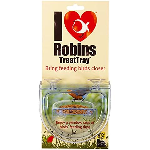 See birds feed in close-up - I Love Robins TreatTray - feeding dish attaches to window Cover