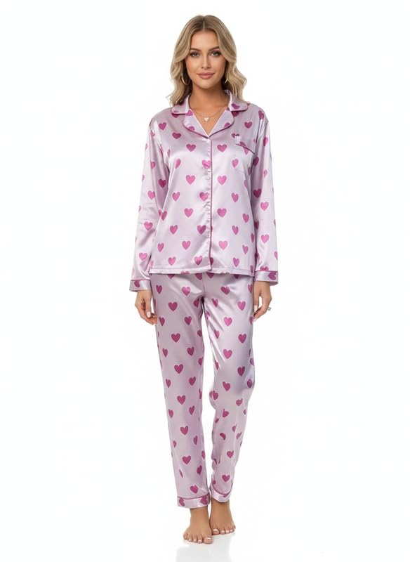 Image of Night Suit for Women with Full Sleeve Button-Down Top with Pant Dress for Woman,Night Dress for Woman, Two-Piece Loungewear Set