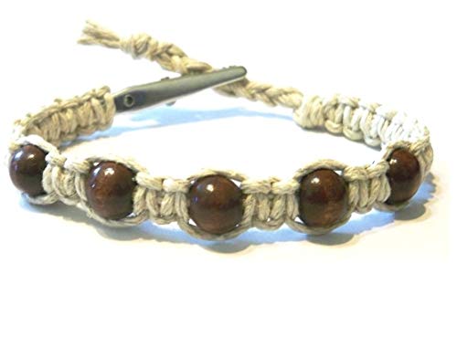 Pulsera de cáñamo con cuentas de madera marrón ajustable con broche de cocodrilo