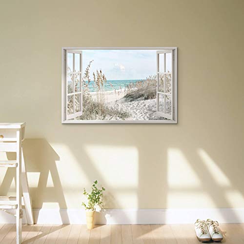 Hardy Gallery Coastal Beach Picture Wall Art: Beach Theme Window Canvas Art Prints Seascape Artwork for Bedroom (36” x 24“ x 1 Panel) - Image 4