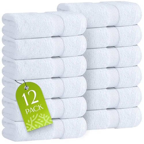 Wealuxe White Washcloths 12 Pack - 600 GSM 100% Ring-Spun Cotton Wash Cloths for Showering Highly Absorbent and Soft | 12x12 Inches