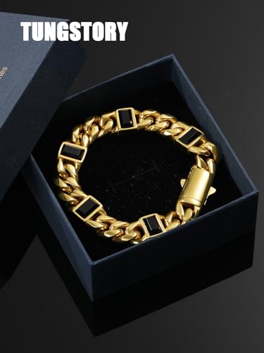 Pulsera Cuban Link 18K Oro 12mm con Onyx Negro 8in miniatura 6