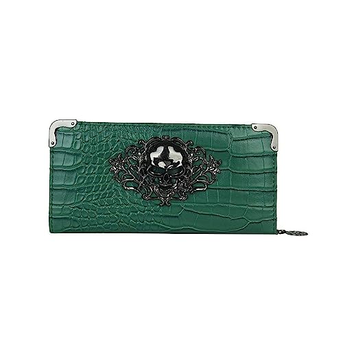 1PCS Skull long ladies Wallet Zipper Around Wallet Large Capacity Wallets for Women Credit Card Wallet (Green)