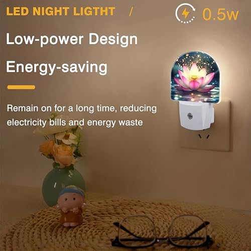 Image of Night Lights Plug into Wall Sparkle Pink Lotus Night Light Dusk to Dawn Smart Sensor Decorative Round Led Lamp for Bedroom Kitchen Hallway Nightlight for Women Men