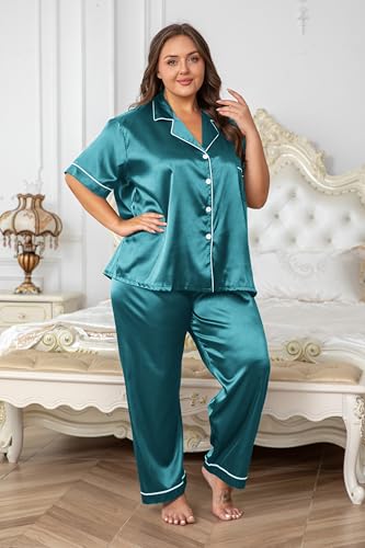 Image of Vozanet Women's Button Down Satin Pajama Sets Silky Short Sleeve Top & Pants Plus Size Loungewear Classic Sleepwear XL to 5XL