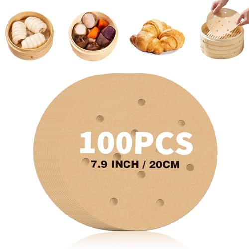 7.8In Food-Grade Non-Stick Steamer Paper, Original Color, Fluorescent-Free, Round Liner for Steaming Buns & Breads, Silicone Coated, Disposable for Home Cooking(100pcs) (7.8IN)
