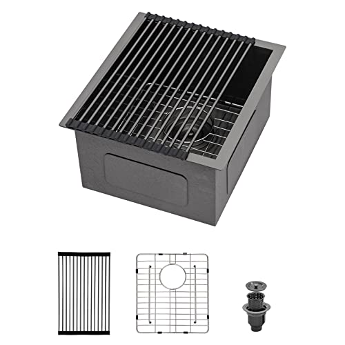 Logmey Undermount Bar Prep Fregadero de cocina de 15 x 17 pulgadas Gunmetal negro tazón individual 18 calibre acero inoxidable fregadero de cocina