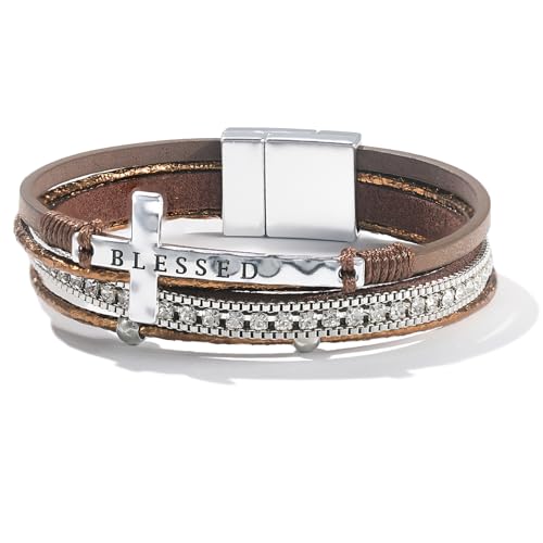 FANCY SHINY Cross Leather Wrap Bracelets Christian Jewelry Religious Baptism Gifts for Women Boho Bead Charm Bracelets with Magnetic Clasp(Brown)