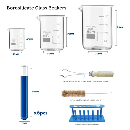 Image of Chemistry Lab 28 Pcs Kit - Borosilicate Glass Beakers, Conical Flasks, Plastic Measuring Cylinders, Test Tubes, Stand, Brush, Stirring Rods, Droppers & More for Students and Labs