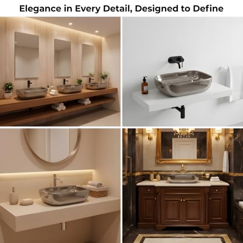 Image of VENICE Bathroom Vanity Sink Countertop Stylish & Durable Ceramic Tabletop Wash Basin Rectangular Vessel Bowl Metallic Grey Glossy Finish