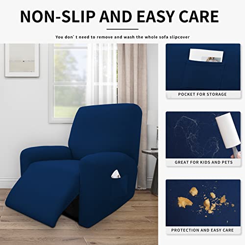 Image of Easy-Going 4 Pieces Waterproof Recliner Chair Slipcover Washable | Stretch Soft Couch Cover for Dogs, Sofa Slipcover for Recliner Couch Furniture Protector for Kids, Pets Navy