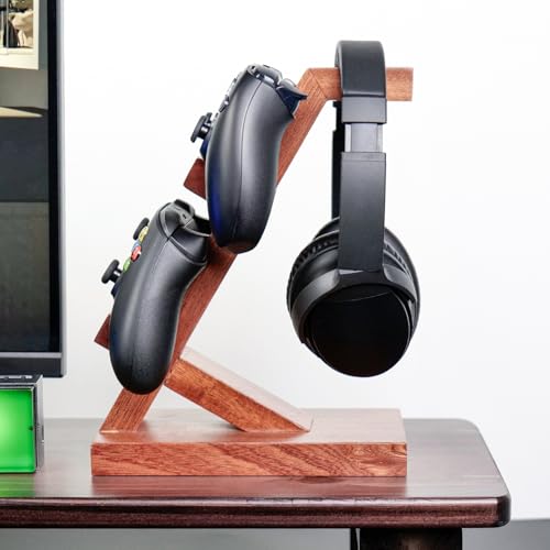 Soporte de madera para controladores y auriculares artesanal 4