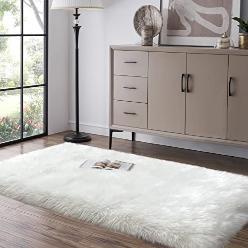 White Fluffy Rug For Bedroom, 2'X6' Faux Fur Rug For Runner, Soft Shag Rug For Sofa Couch Cushion, Cozy Shaggy Fuzzy Plush Floor Carpet For Nursery, Cute Bedside Dorm Home Decor Rectangle #TOP3