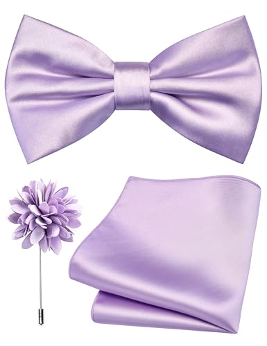 Branduce Mens Lavender Bow Tie for Wedding Solid Satin Silk Light Purple Bow tie Pocket Square and Lapel Pin Brooch Set (BB07-04)