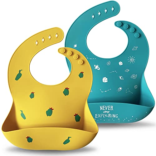 Image of Moonkie Silicone Baby Bibs Set Of 2 | BPA Free Waterproof | Soft Flexible Adjustable Silicone Bibs for Babies & Toddlers(Teal/Kodak)