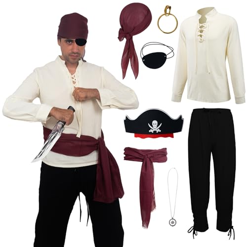 OPAEHJF 7 Stück Mittelalter Kleidung Herren Set，Piraten Kostüm Männer Renaissance Hemd Piraten Bandana Schärpe Gürtel für Halloween Cosplay...