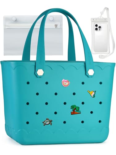 MONSOCIO Rubber Beach Bag Waterproof Durable Tote Bag for Beach Sports Pool Modern Rubber Tote (Large - New Teal)