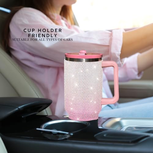 Image of 40 Oz Rhinestone Studded Tumbler with Handle Straw and Lid, Insulated Stainless Steel Double Layer Water Bottle for Women, Reusable Travel Coffee Mug (1200ml) Gradient white /pink