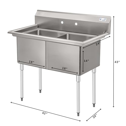 Image of KoolMore 42 in. 18-Gauge 2-Compartment Commercial Sink with Backsplash, Bowl dimensions 18 inchx24 inchx14 inch in Stainless-Steel (KM-SB182414-N3)