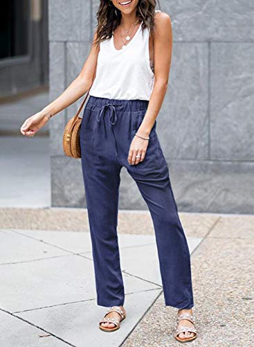 Acelitt Womens Casual Pants Capris Drawstring Elastic Waist Comfy Trousers With Pockets Blue X-Large #TOP2