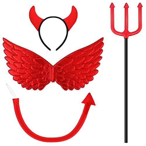 Skylety Devil Costume Set Red Demo Costume Accessories Kit Including Red Devil Wing Horn Headband Red Pitchfork and Devil Tail for Party